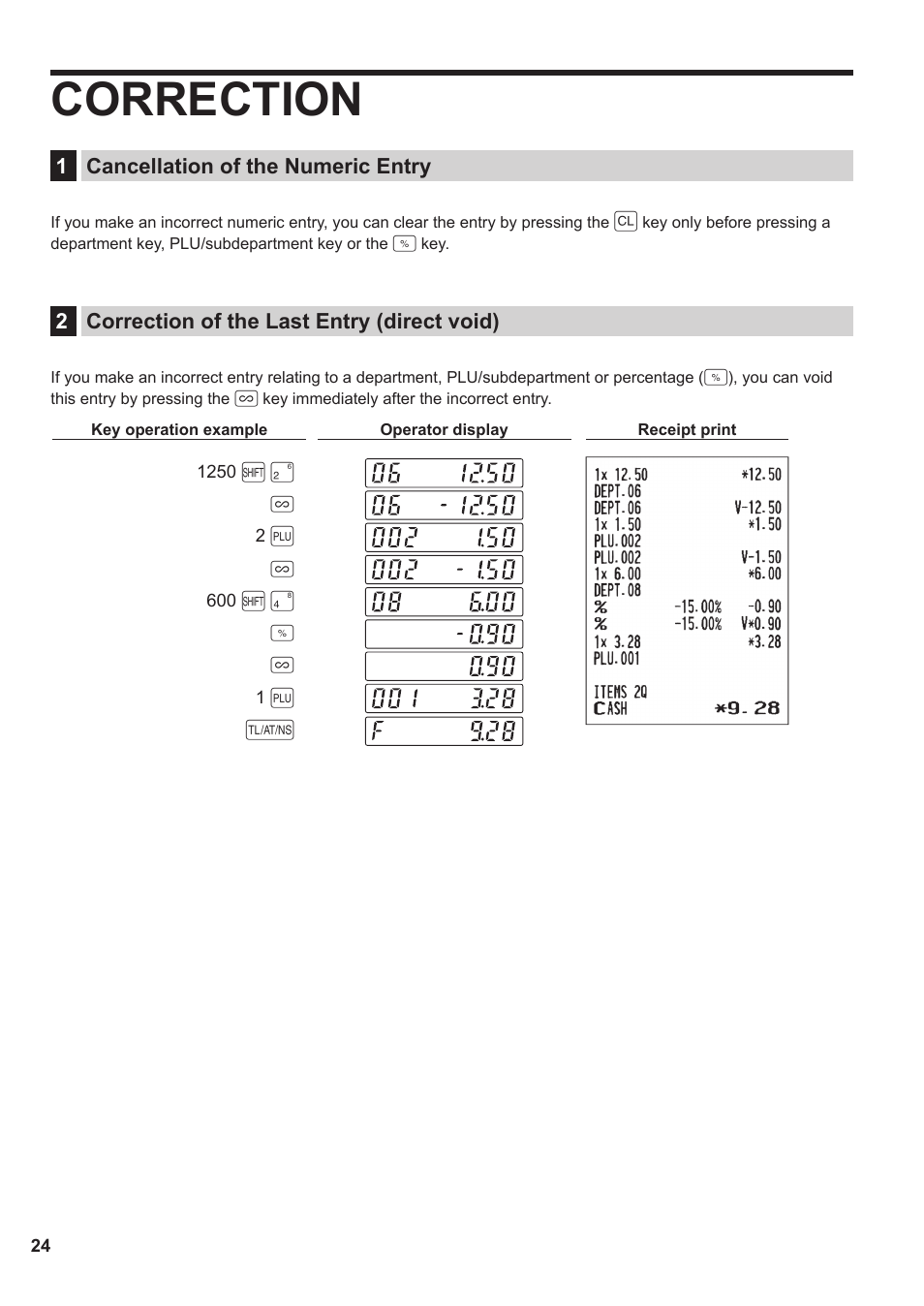 Correction, 1 cancellation of the numeric entry, 2 correction of the last entry (direct void) | Sharp XE-A137-BK User Manual | Page 26 / 86