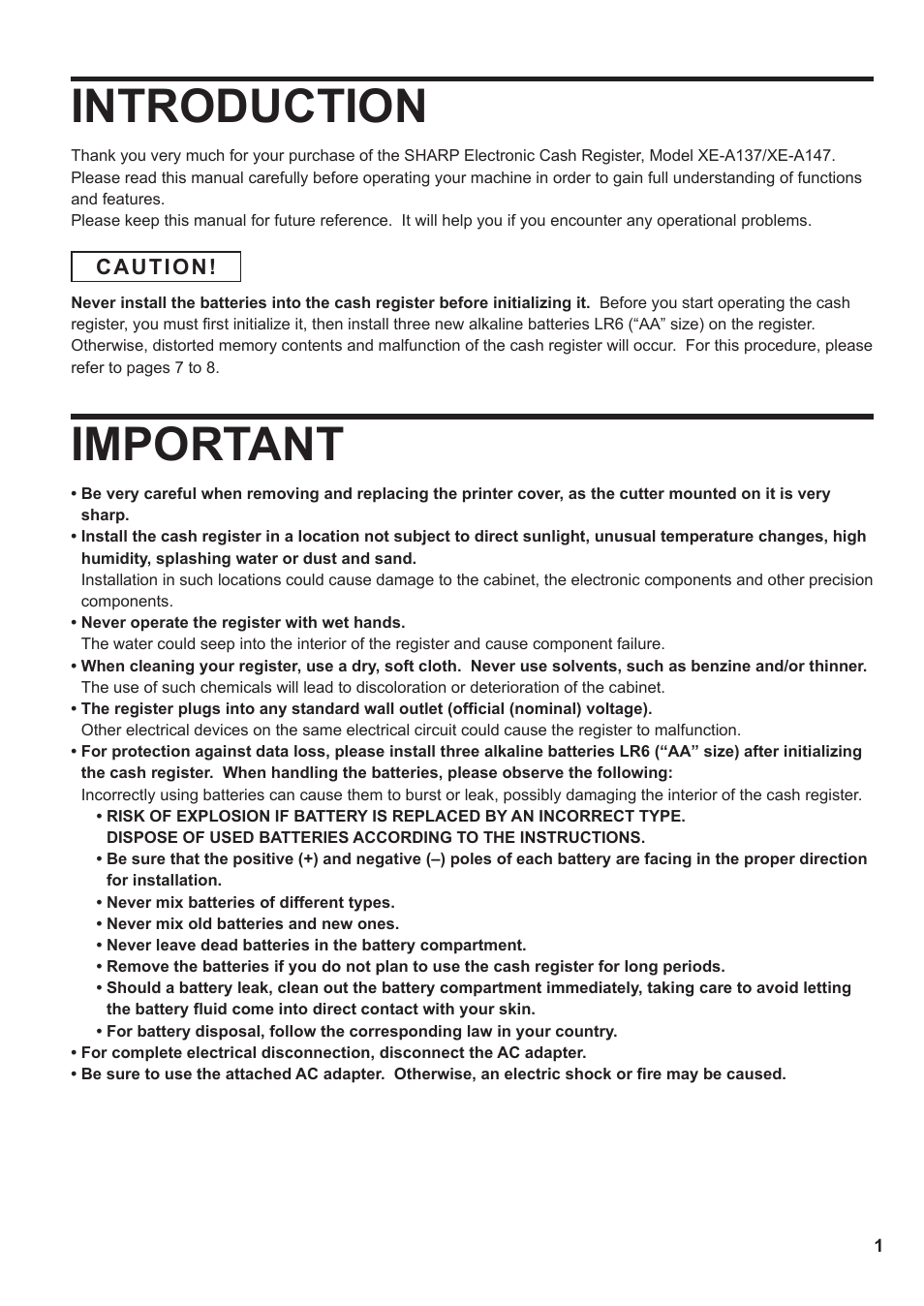 Introduction, Important, Caution | Sharp XE-A137-BK User Manual | Page 3 / 86