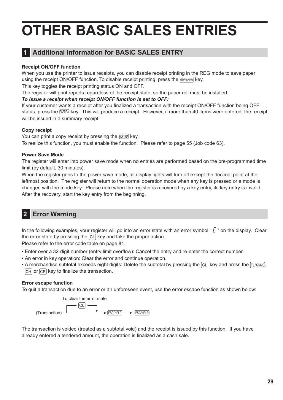 Other basic sales entries, 1 additional information for basic sales entry, 2 error warning | Sharp XE-A137-BK User Manual | Page 31 / 86