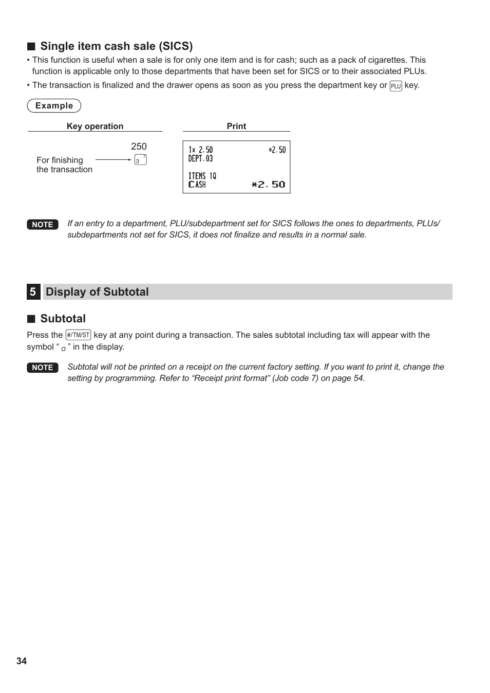 5 display of subtotal, Single item cash sale (sics), 5display of subtotal ■ subtotal | Sharp XE-A137-BK User Manual | Page 36 / 86