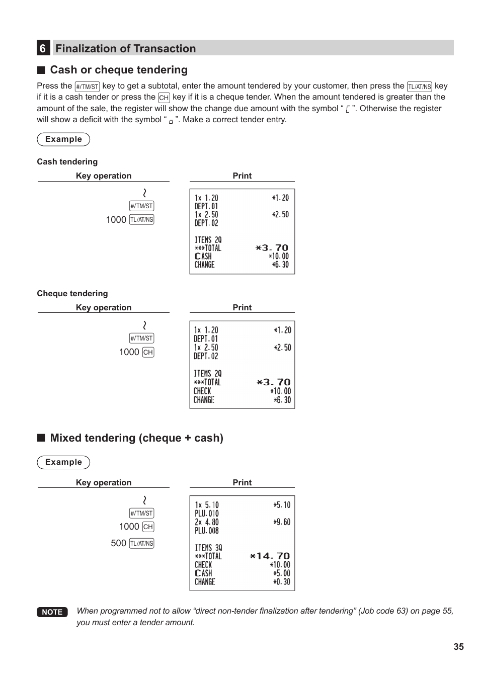 6 finalization of transaction, Mixed tendering (cheque + cash) | Sharp XE-A137-BK User Manual | Page 37 / 86