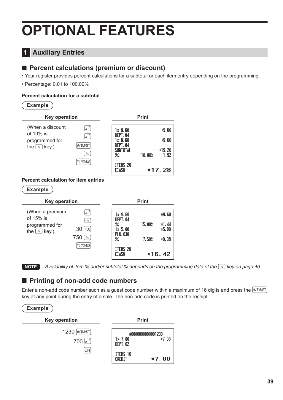 Optional features, 1 auxiliary entries, S% a | Sharp XE-A137-BK User Manual | Page 41 / 86