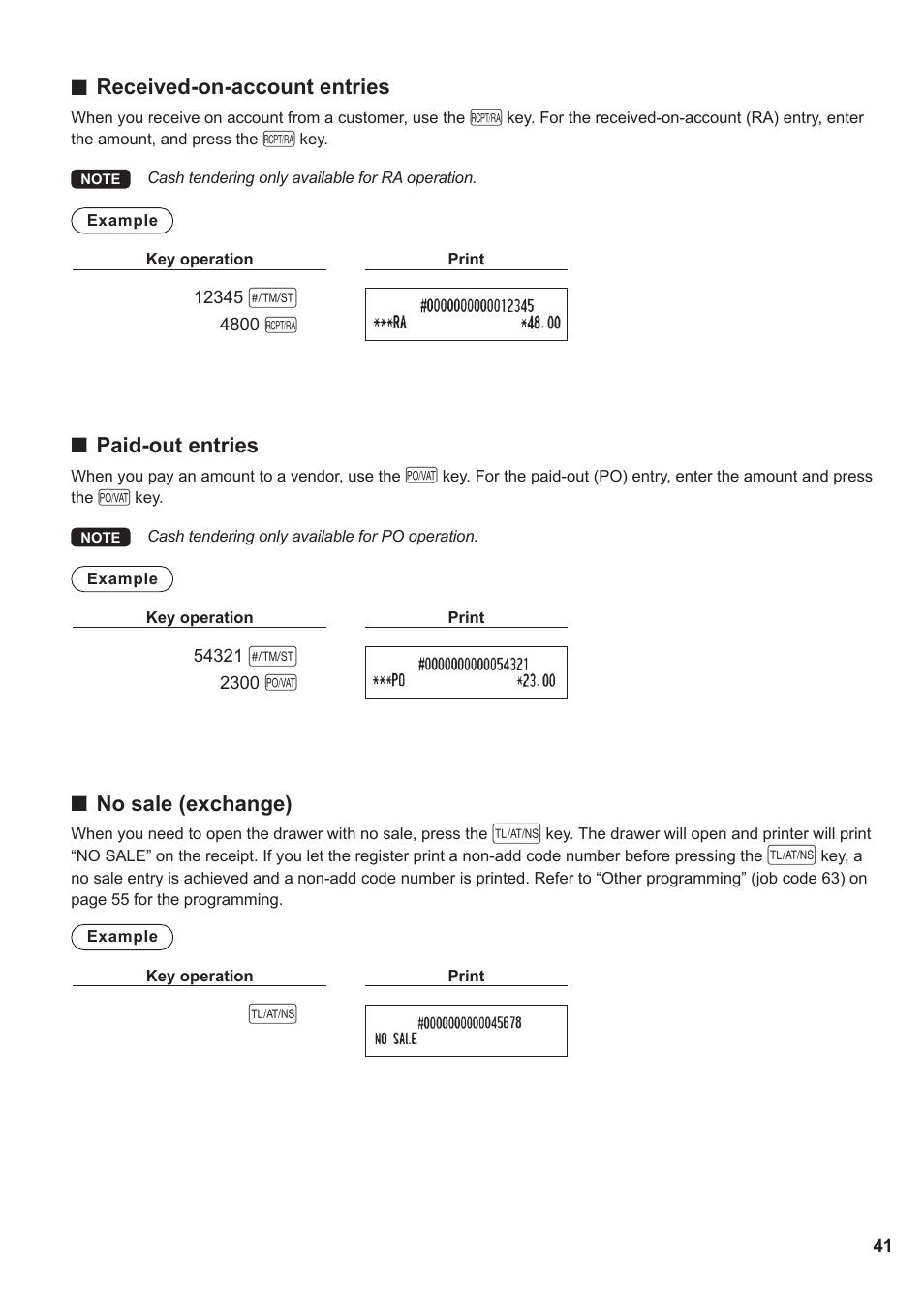 Received-on-account entries, Paid-out entries, No sale (exchange) | Sharp XE-A137-BK User Manual | Page 43 / 86