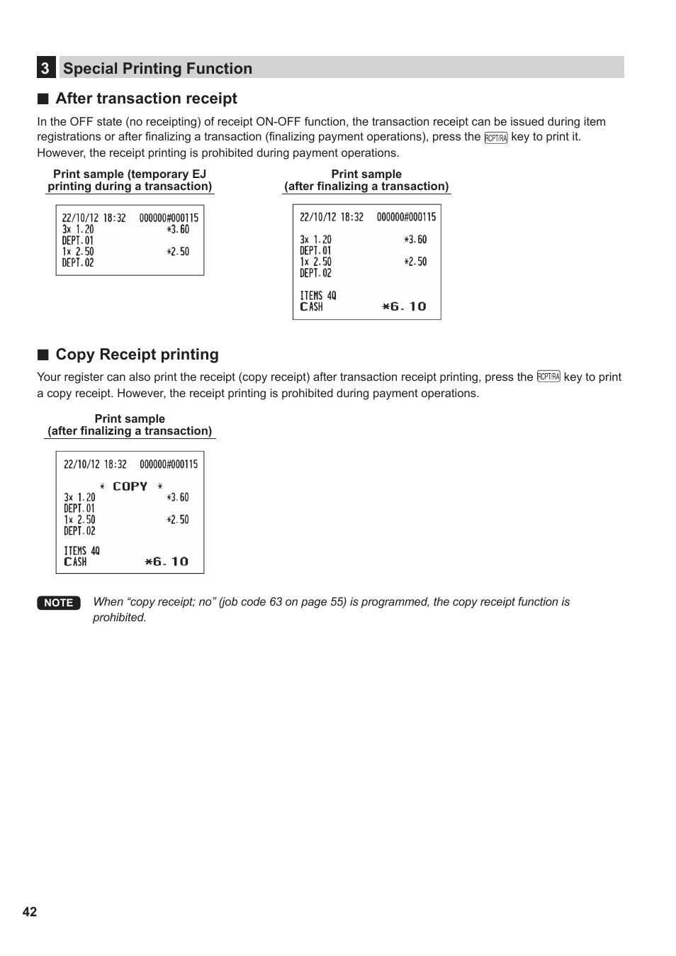 3 special printing function, Copy receipt printing | Sharp XE-A137-BK User Manual | Page 44 / 86