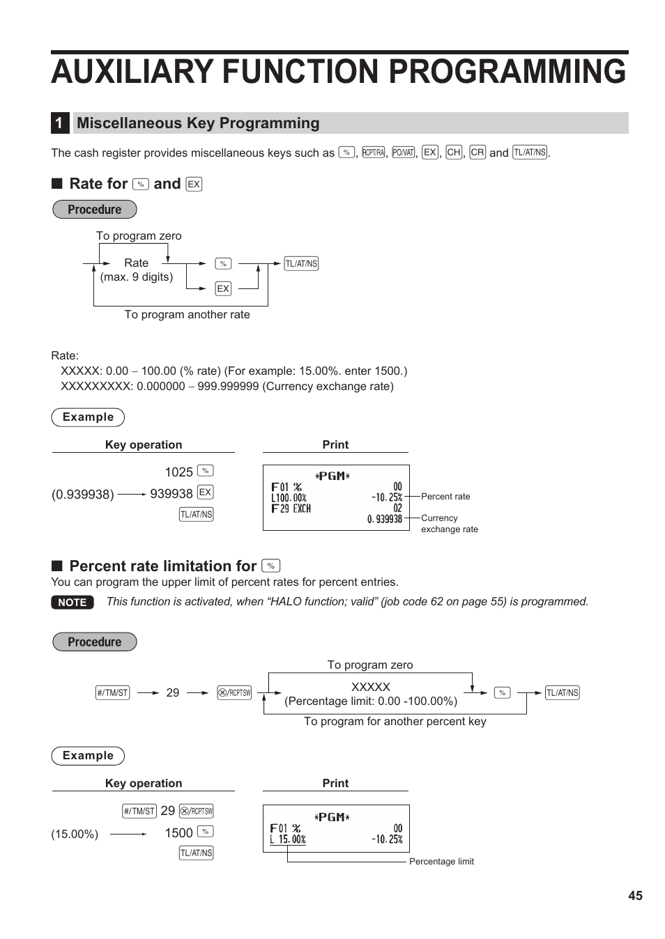 Auxiliary function programming, 1 miscellaneous key programming | Sharp XE-A137-BK User Manual | Page 47 / 86
