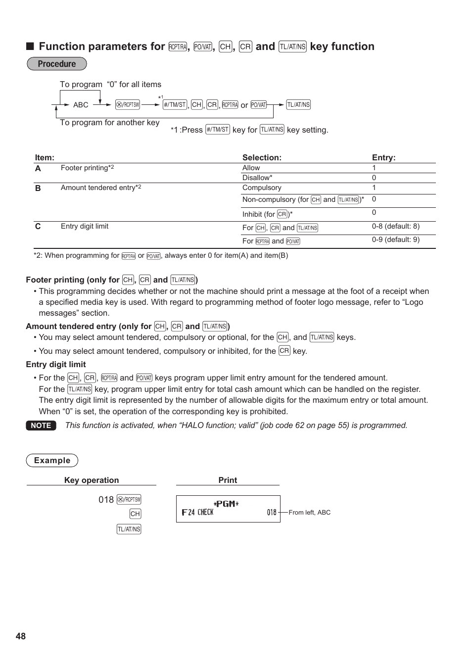 Function parameters for, Key function | Sharp XE-A137-BK User Manual | Page 50 / 86