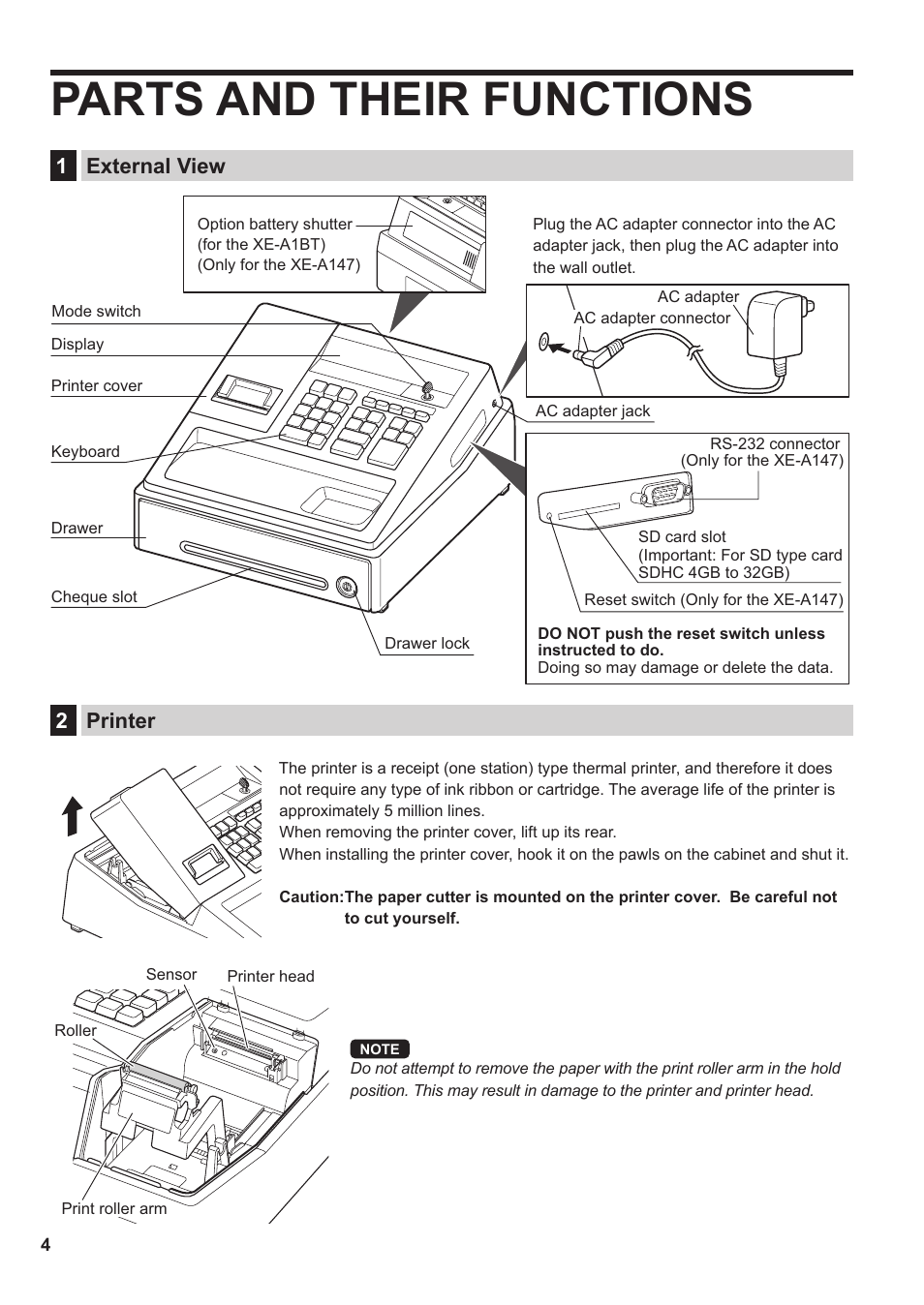 Parts and their functions, 1 external view, 2 printer | 1 external view 2 printer, 1external view, 2printer | Sharp XE-A137-BK User Manual | Page 6 / 86