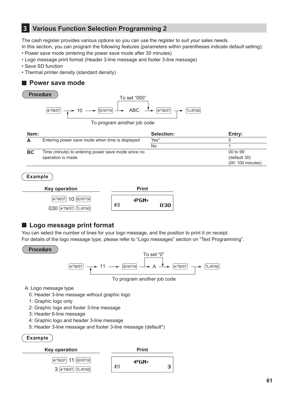 3 various function selection programming 2, S@ a, 3various function selection programming 2 | Power save mode, Logo message print format | Sharp XE-A137-BK User Manual | Page 63 / 86