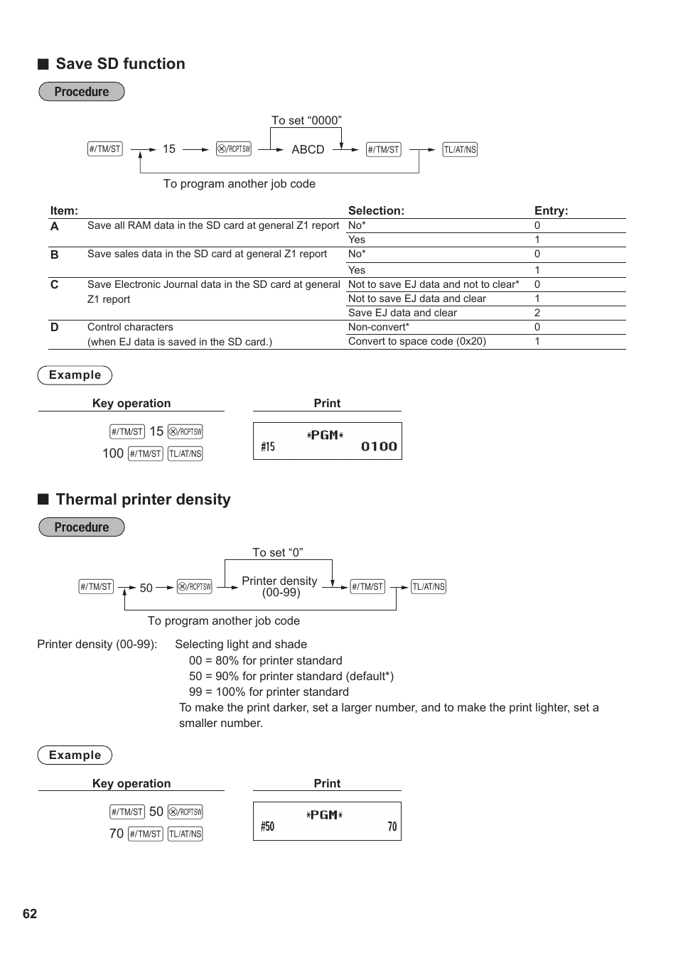 S@ a, Save sd function, Thermal printer density | Sharp XE-A137-BK User Manual | Page 64 / 86