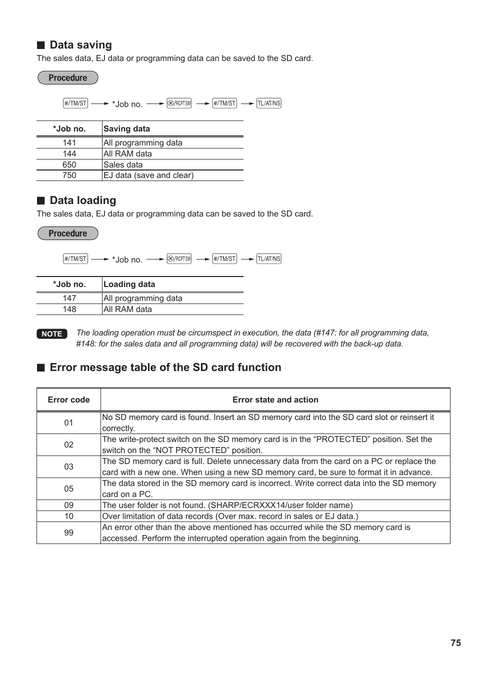 Sa @ s, Data saving, Data loading | Error message table of the sd card function | Sharp XE-A137-BK User Manual | Page 77 / 86