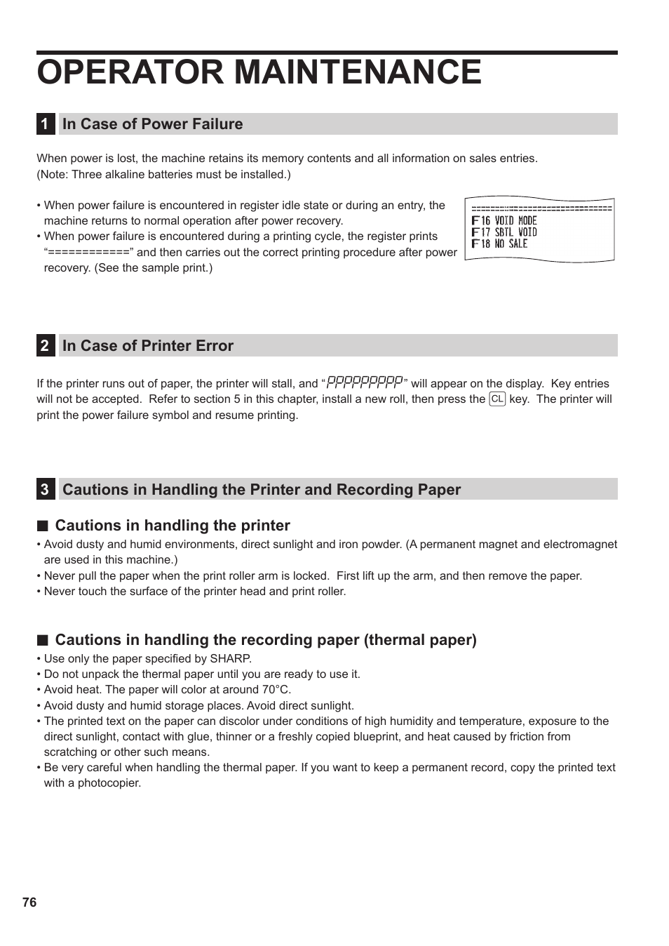 Operator maintenance, 1 in case of power failure, 2 in case of printer error | Sharp XE-A137-BK User Manual | Page 78 / 86