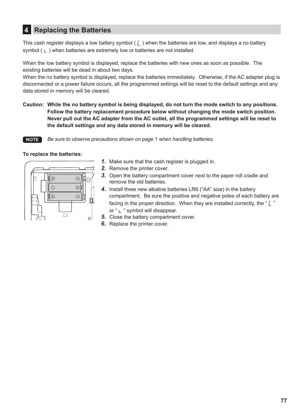 4 replacing the batteries, 4replacing the batteries | Sharp XE-A137-BK User Manual | Page 79 / 86