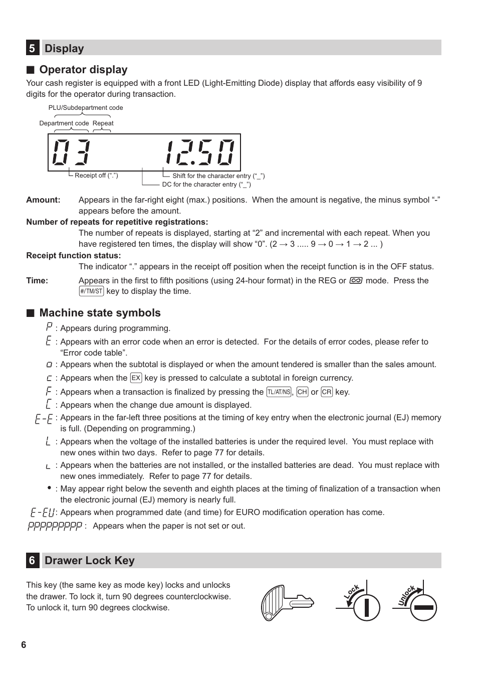 5 display, 6 drawer lock key, 5 display 6 drawer lock key | 5display ■ operator display, Machine state symbols, 6drawer lock key | Sharp XE-A137-BK User Manual | Page 8 / 86