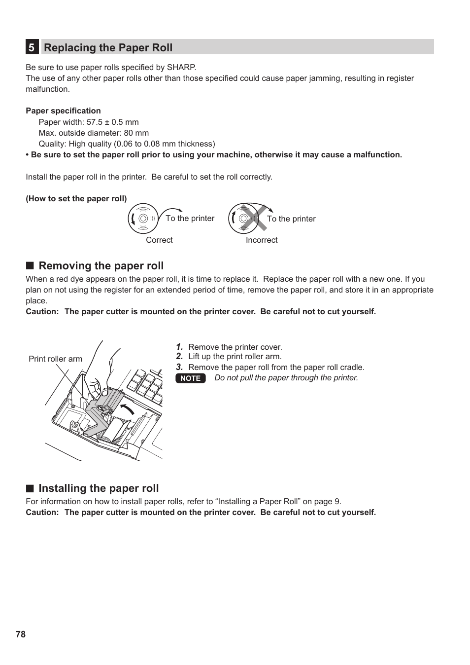 5 replacing the paper roll, 5replacing the paper roll, Removing the paper roll | Installing the paper roll | Sharp XE-A137-BK User Manual | Page 80 / 86