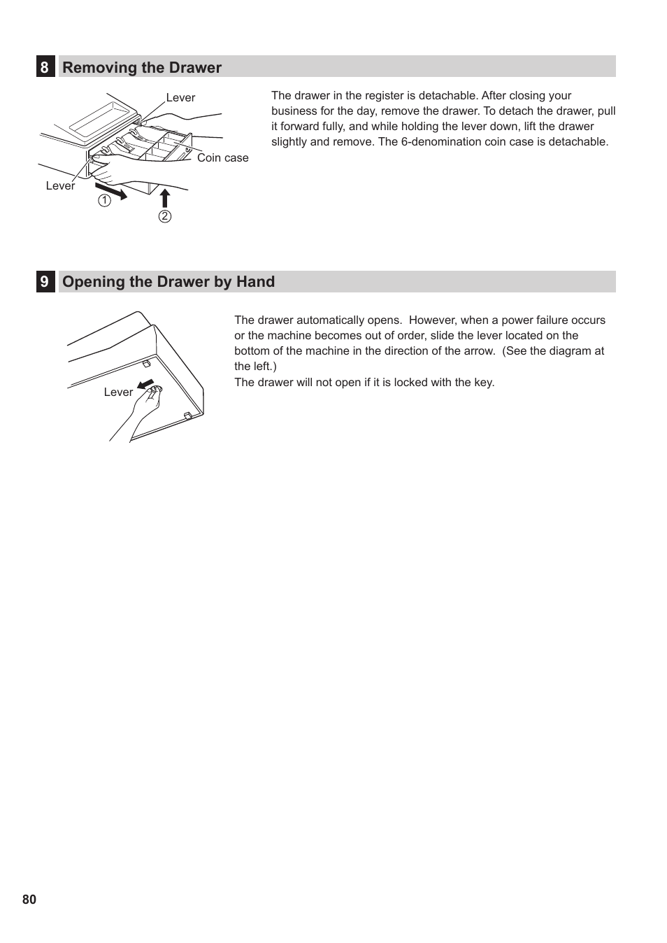 8 removing the drawer, 9 opening the drawer by hand, 8 removing the drawer 9 opening the drawer by hand | 8removing the drawer, 9opening the drawer by hand | Sharp XE-A137-BK User Manual | Page 82 / 86