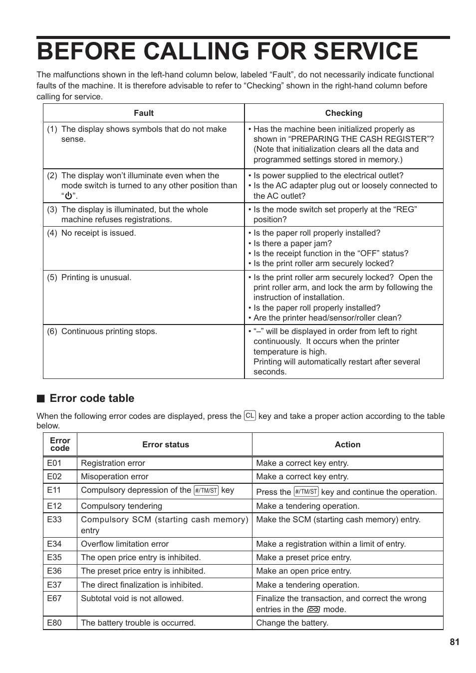 Before calling for service, Error code table | Sharp XE-A137-BK User Manual | Page 83 / 86