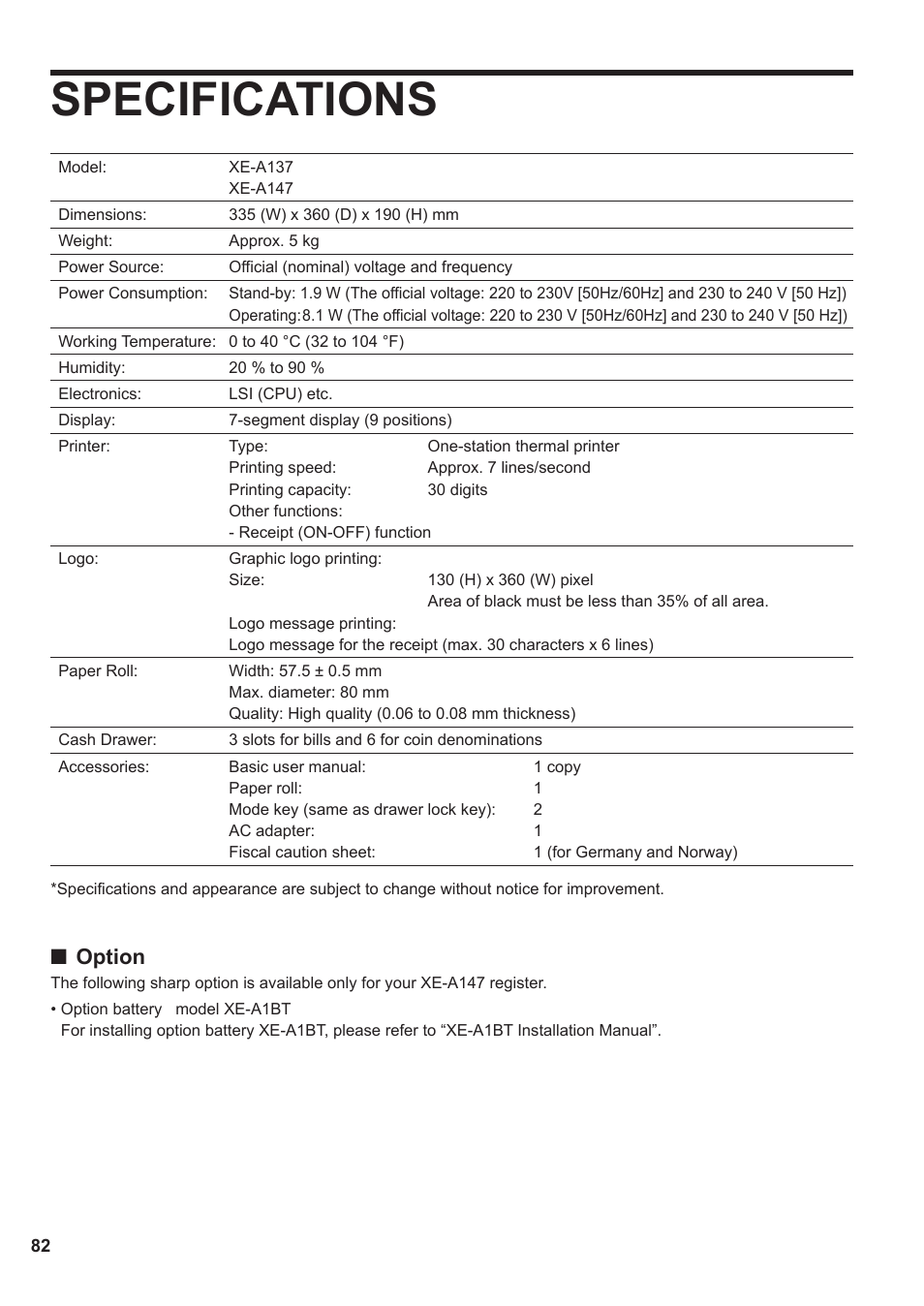 Specifications, Option | Sharp XE-A137-BK User Manual | Page 84 / 86