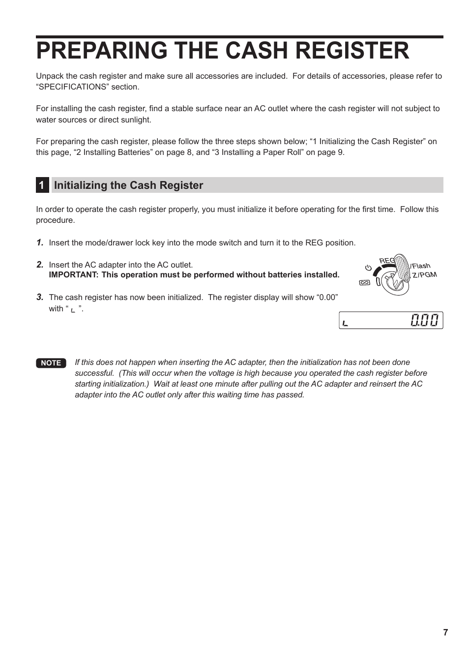 Preparing the cash register, 1 initializing the cash register | Sharp XE-A137-BK User Manual | Page 9 / 86