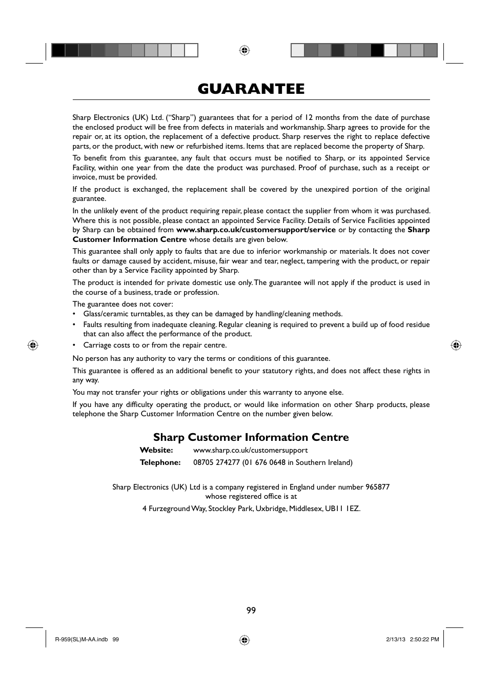 Guarantee, Sharp customer information centre | Sharp R-959SLMAA User Manual | Page 101 / 103