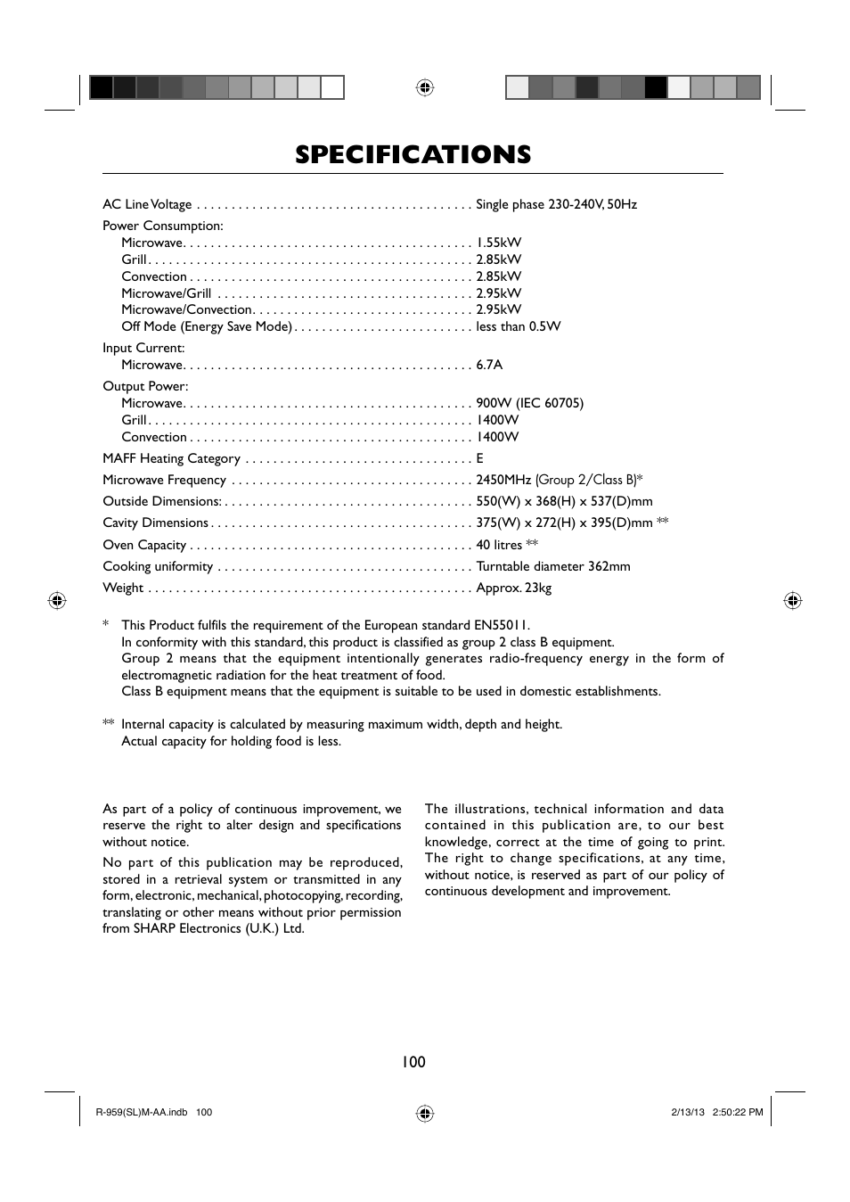 Specifications | Sharp R-959SLMAA User Manual | Page 102 / 103
