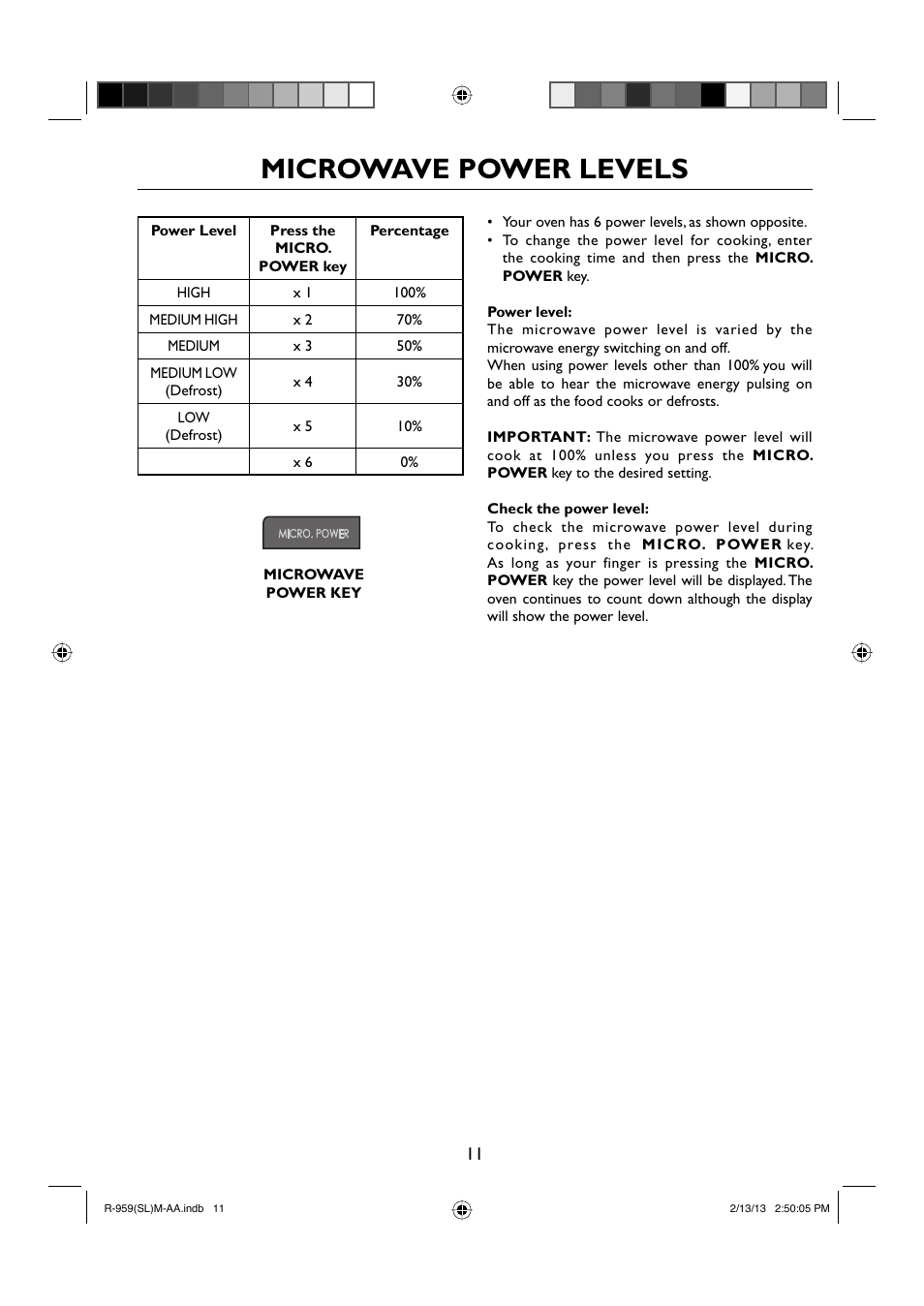 Microwave power levels | Sharp R-959SLMAA User Manual | Page 13 / 103
