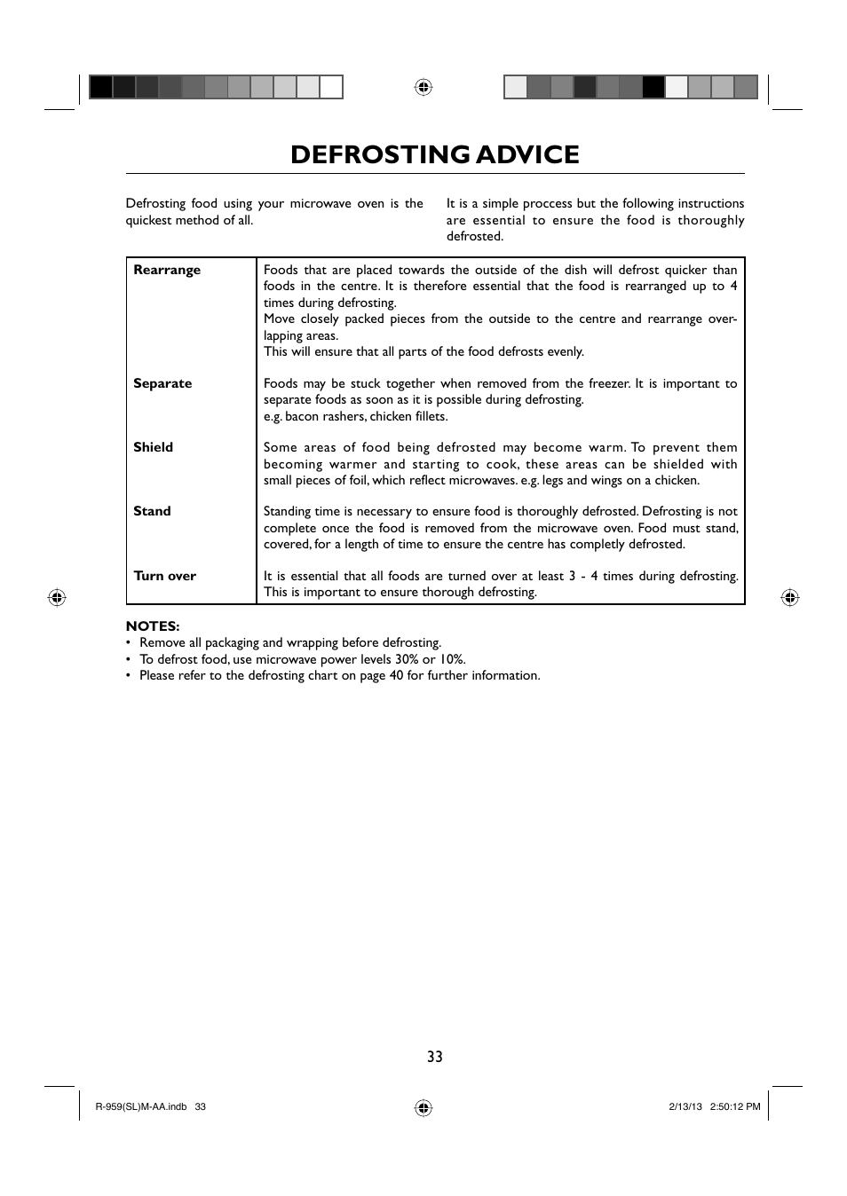 Defrosting advice | Sharp R-959SLMAA User Manual | Page 35 / 103