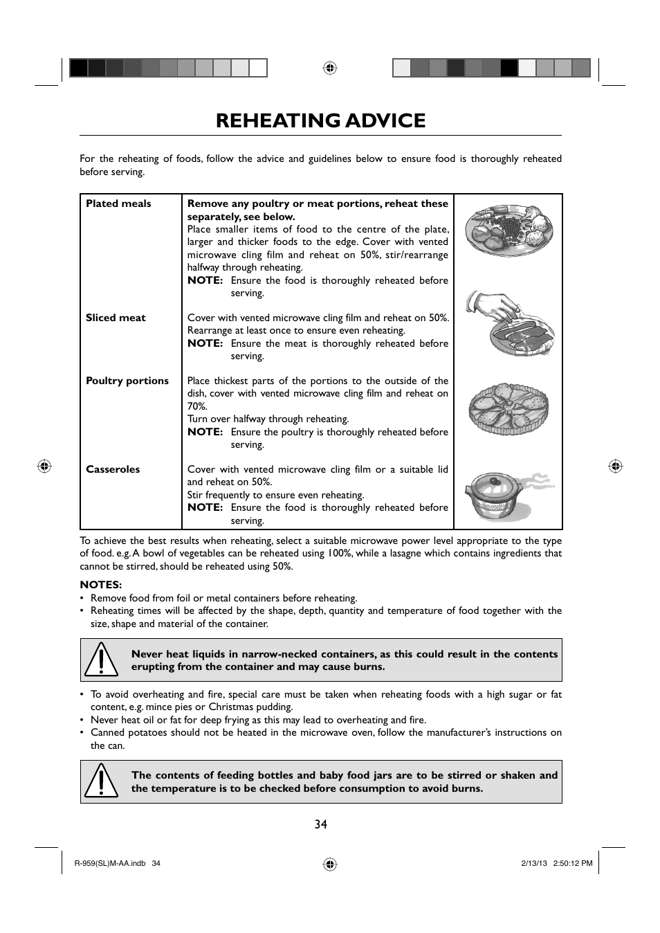 Reheating advice | Sharp R-959SLMAA User Manual | Page 36 / 103