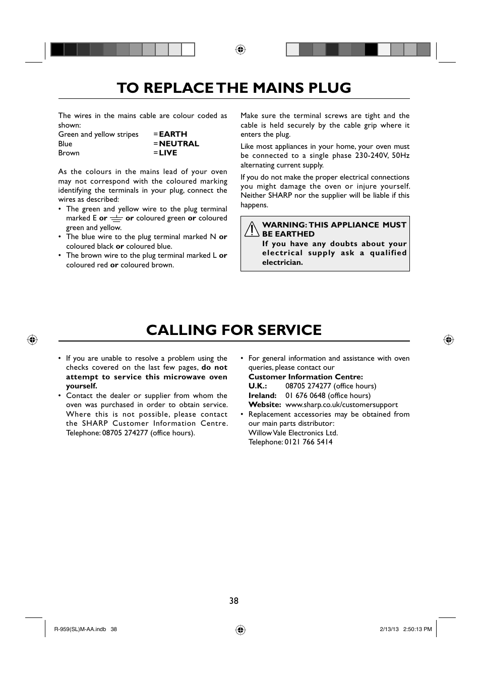 Calling for service to replace the mains plug | Sharp R-959SLMAA User Manual | Page 40 / 103