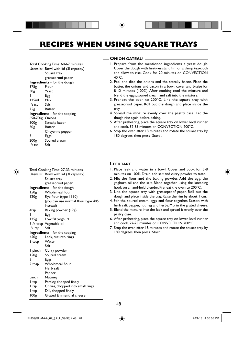 Recipes when using square trays | Sharp R-959SLMAA User Manual | Page 50 / 103