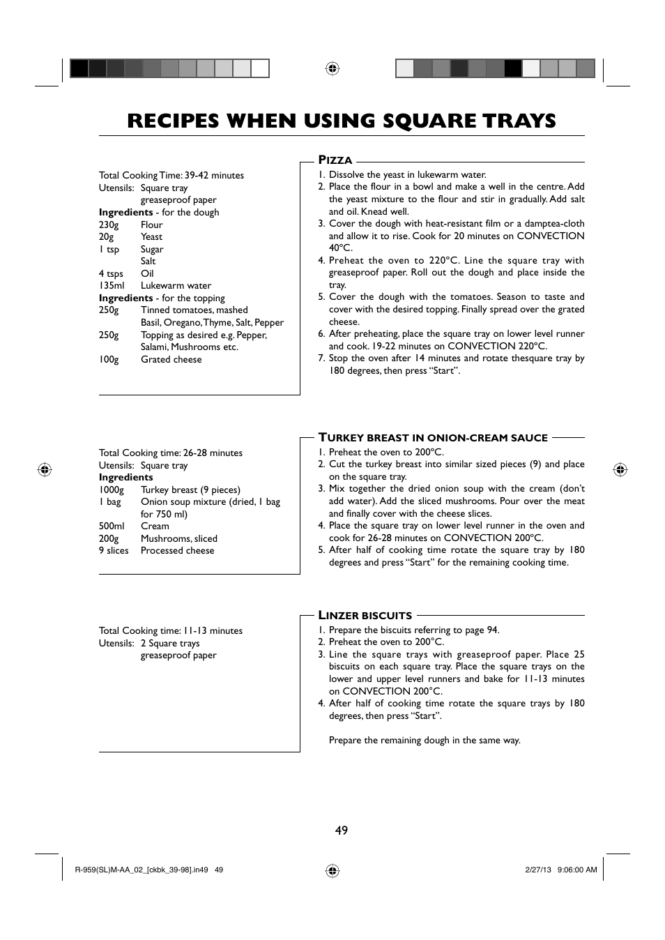 Recipes when using square trays | Sharp R-959SLMAA User Manual | Page 51 / 103