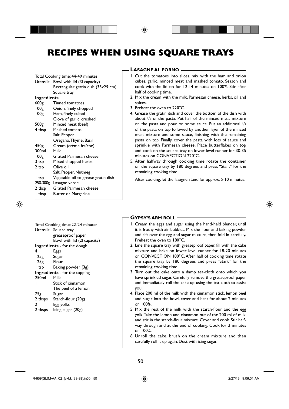 Recipes when using square trays | Sharp R-959SLMAA User Manual | Page 52 / 103