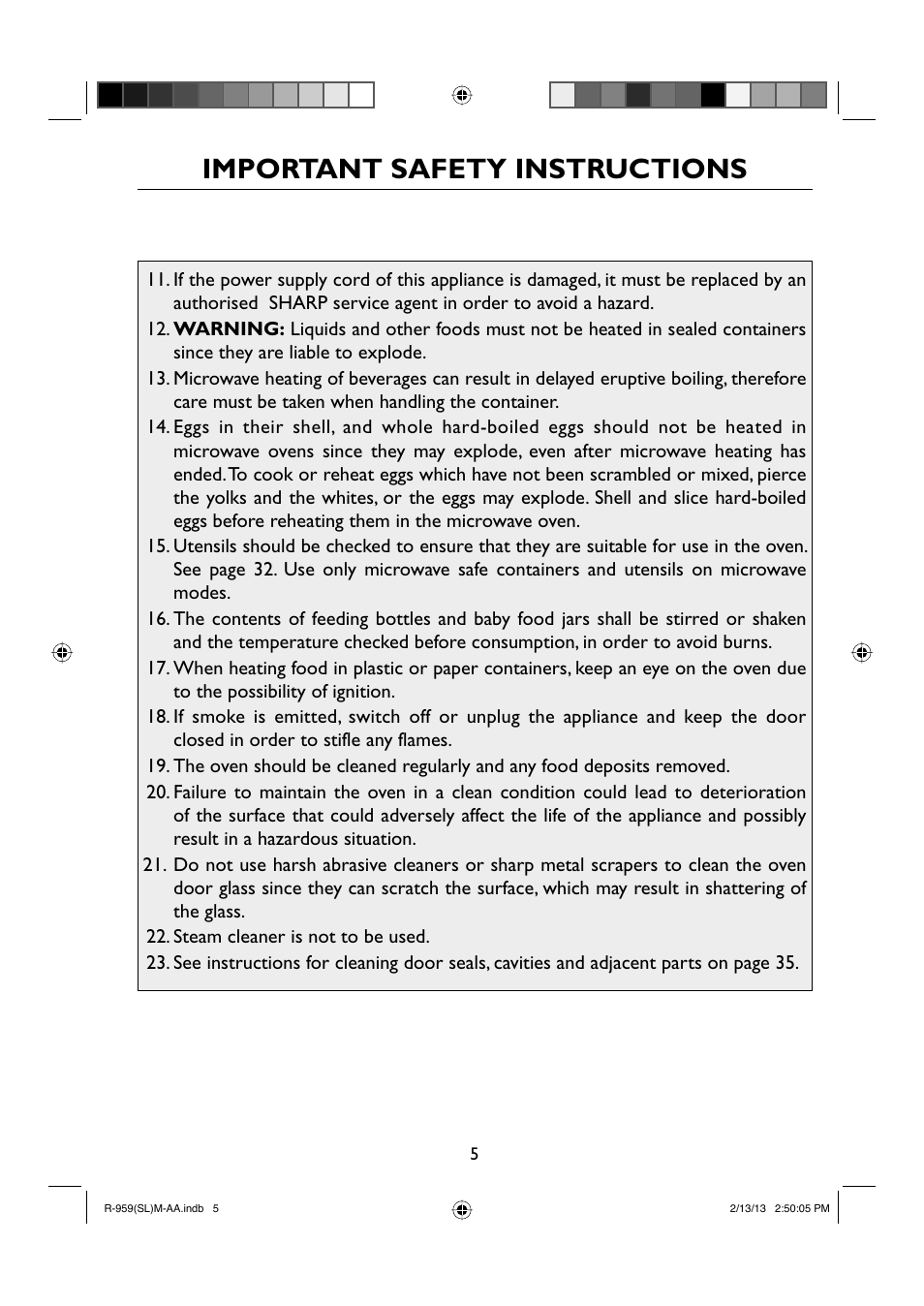 Important safety instructions | Sharp R-959SLMAA User Manual | Page 7 / 103