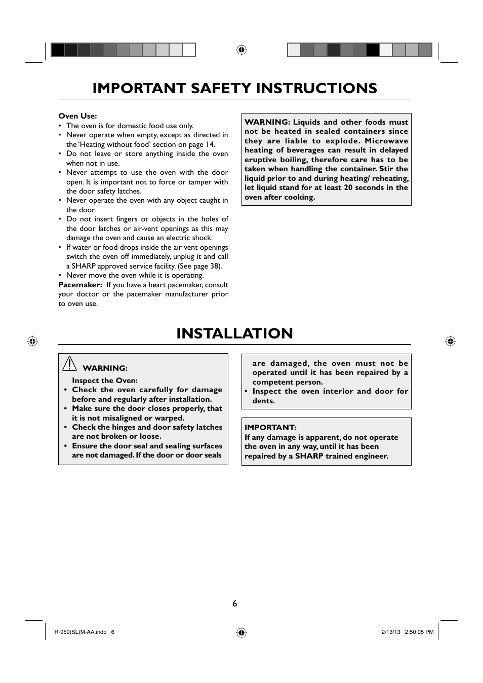 Installation, Important safety instructions | Sharp R-959SLMAA User Manual | Page 8 / 103