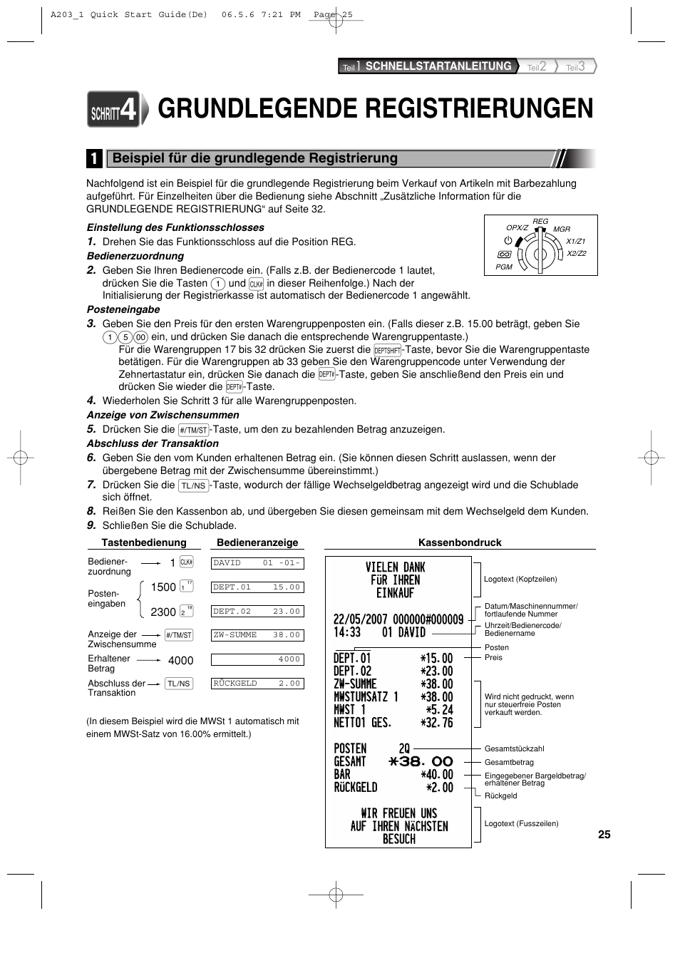 Grundlegende registrierungen, Schritt, Beispiel für die grundlegende registrierung | Sharp XE-A203 User Manual | Page 117 / 454