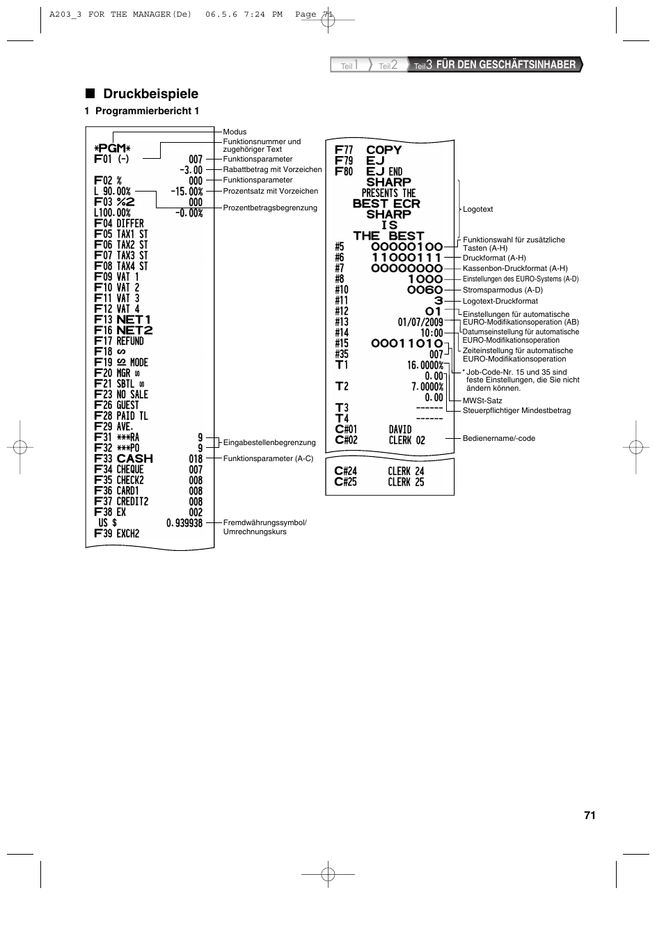 Druckbeispiele, Für den geschäftsinhaber | Sharp XE-A203 User Manual | Page 163 / 454