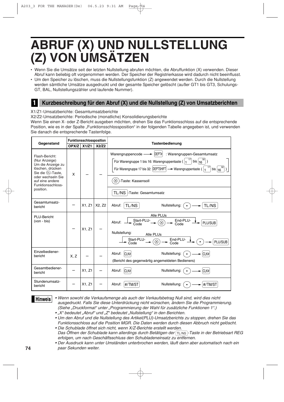 Abruf (x) und nullstellung (z) von umsätzen, Pa a, Pl l | Ps s | Sharp XE-A203 User Manual | Page 166 / 454