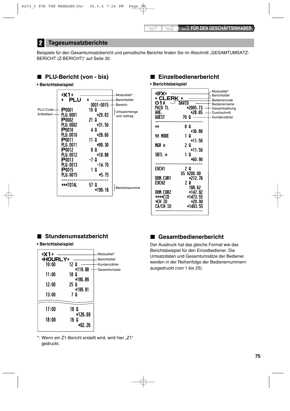 Plu-bericht (von - bis), Einzelbedienerbericht, Gesamtbedienerbericht | Tagesumsatzberichte, Stundenumsatzbericht | Sharp XE-A203 User Manual | Page 167 / 454