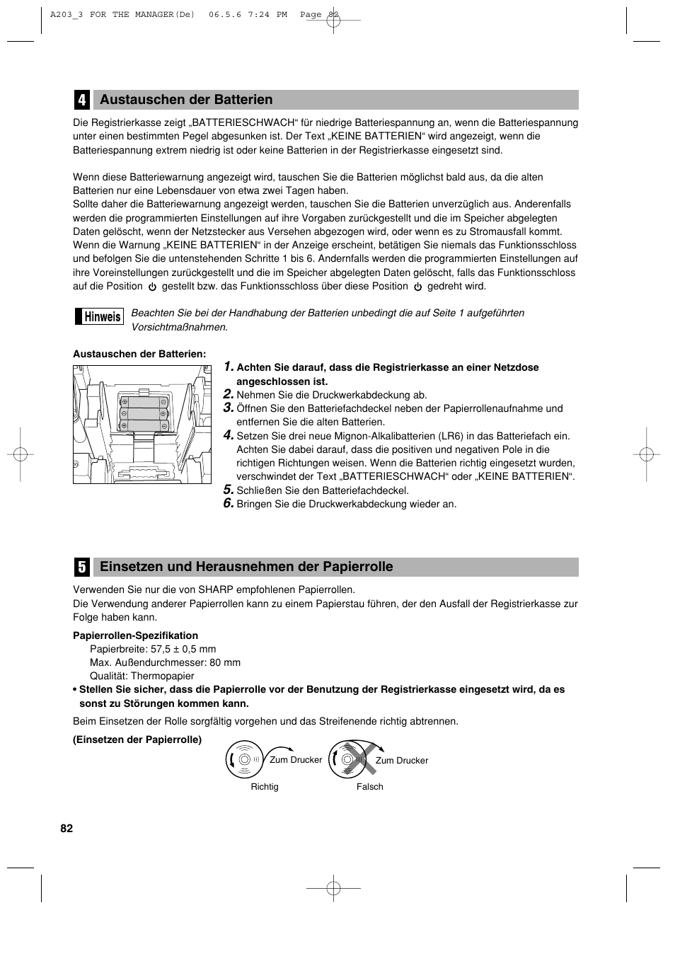 Einsetzen und herausnehmen der papierrolle, Austauschen der batterien | Sharp XE-A203 User Manual | Page 174 / 454