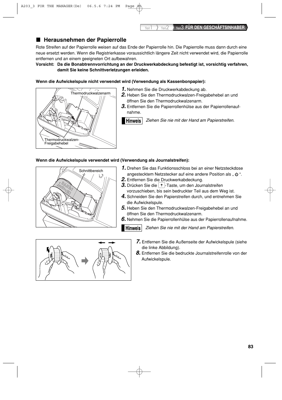 Herausnehmen der papierrolle | Sharp XE-A203 User Manual | Page 175 / 454