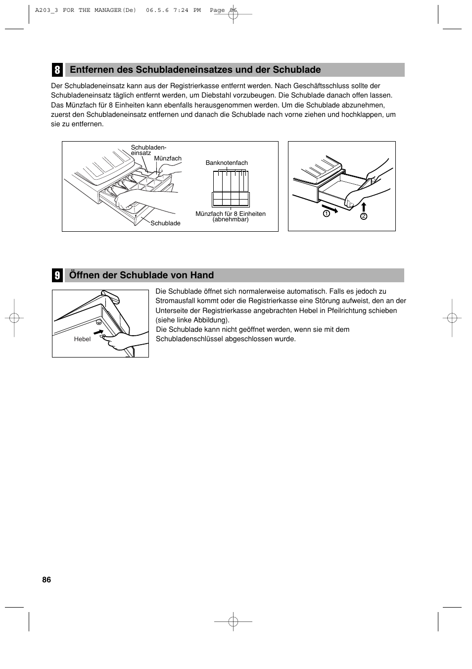 Öffnen der schublade von hand | Sharp XE-A203 User Manual | Page 178 / 454