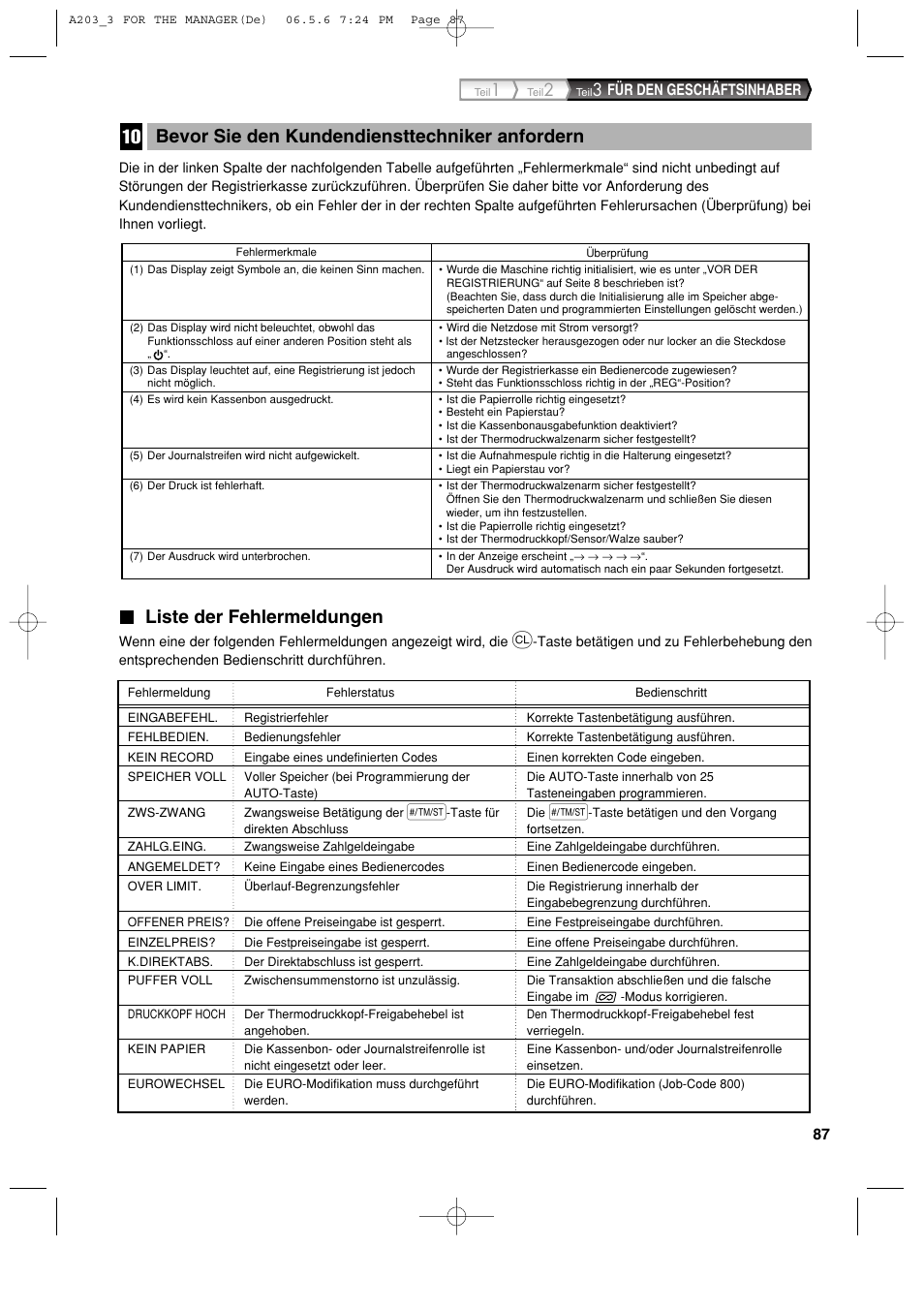 Liste der fehlermeldungen, Bevor sie den kundendiensttechniker anfordern, Für den geschäftsinhaber | Sharp XE-A203 User Manual | Page 179 / 454