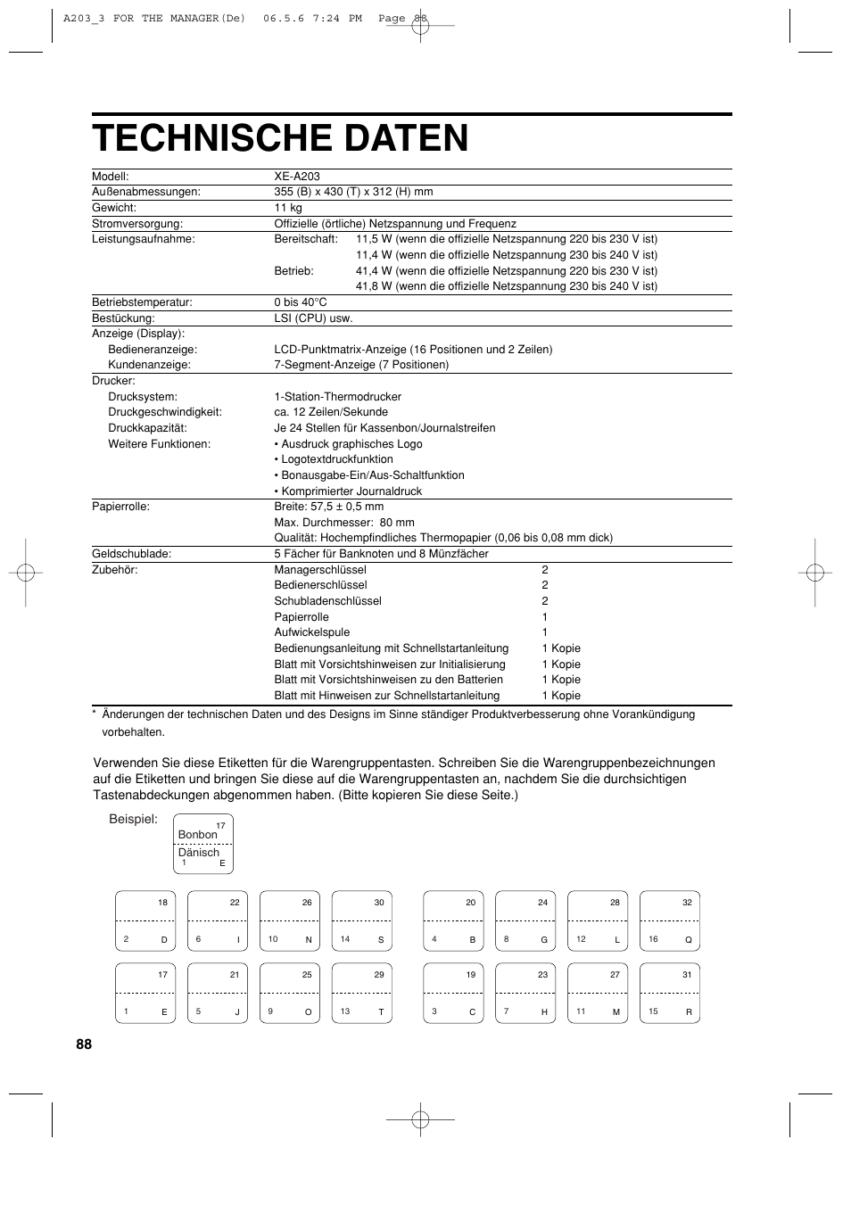 Technische daten | Sharp XE-A203 User Manual | Page 180 / 454