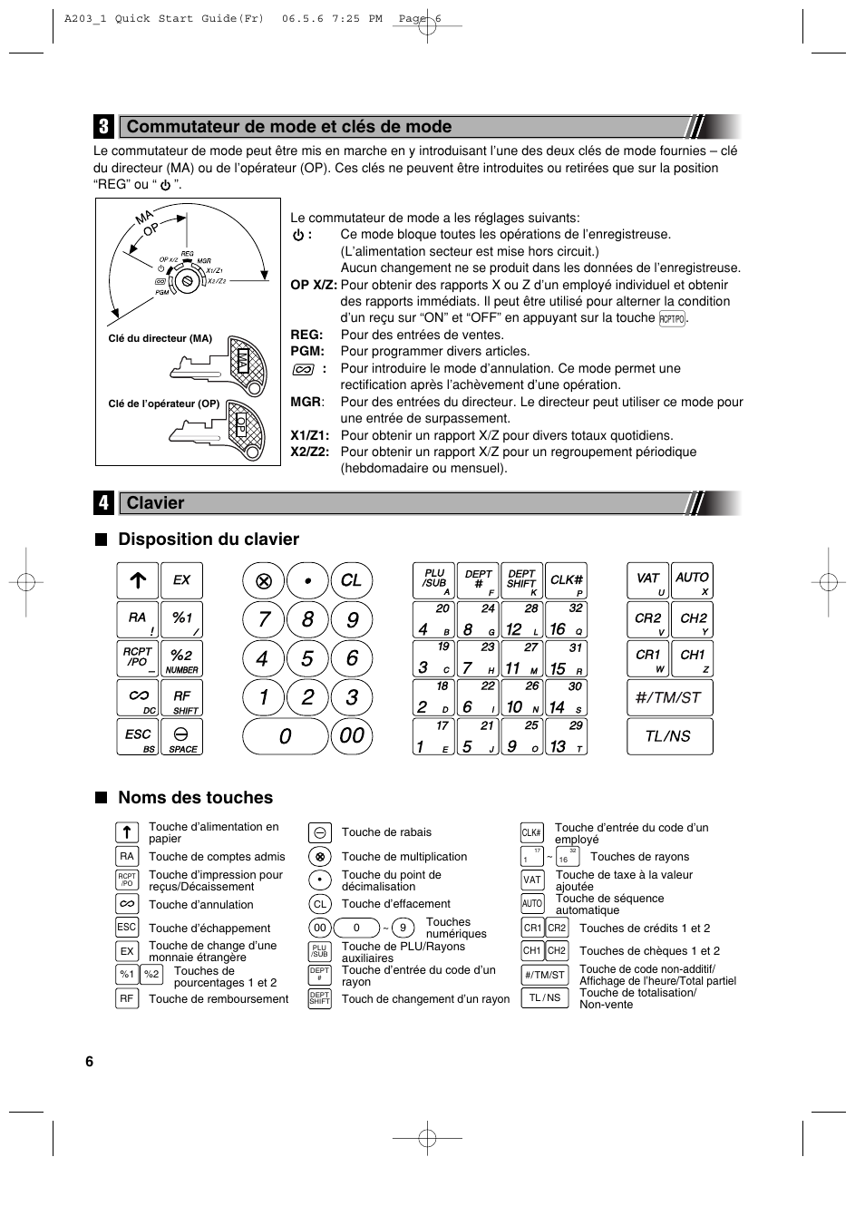 Disposition du clavier noms des touches, Commutateur de mode et clés de mode, Clavier | Sharp XE-A203 User Manual | Page 188 / 454