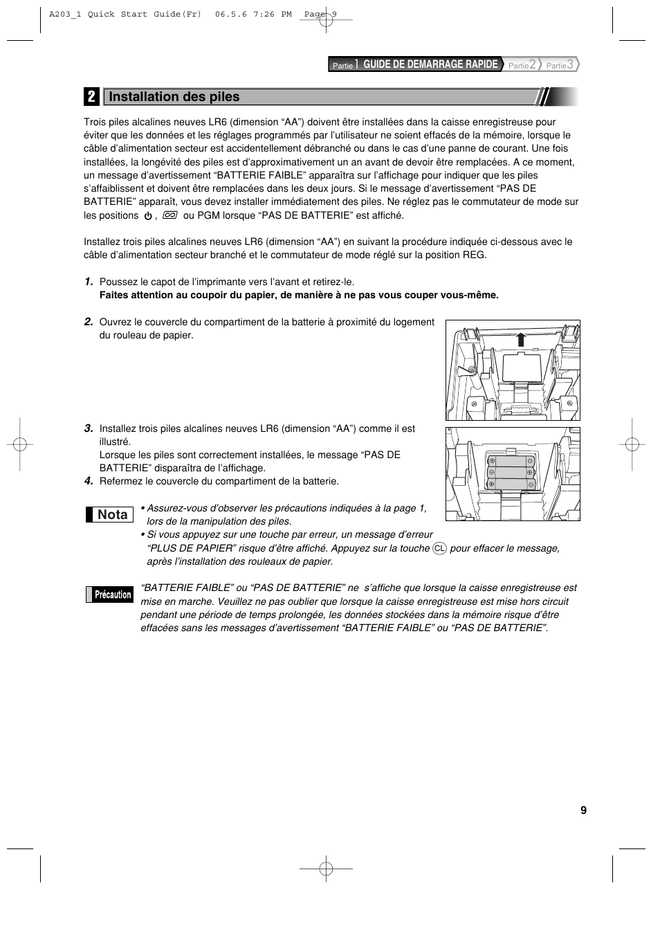 Nota, Installation des piles | Sharp XE-A203 User Manual | Page 191 / 454