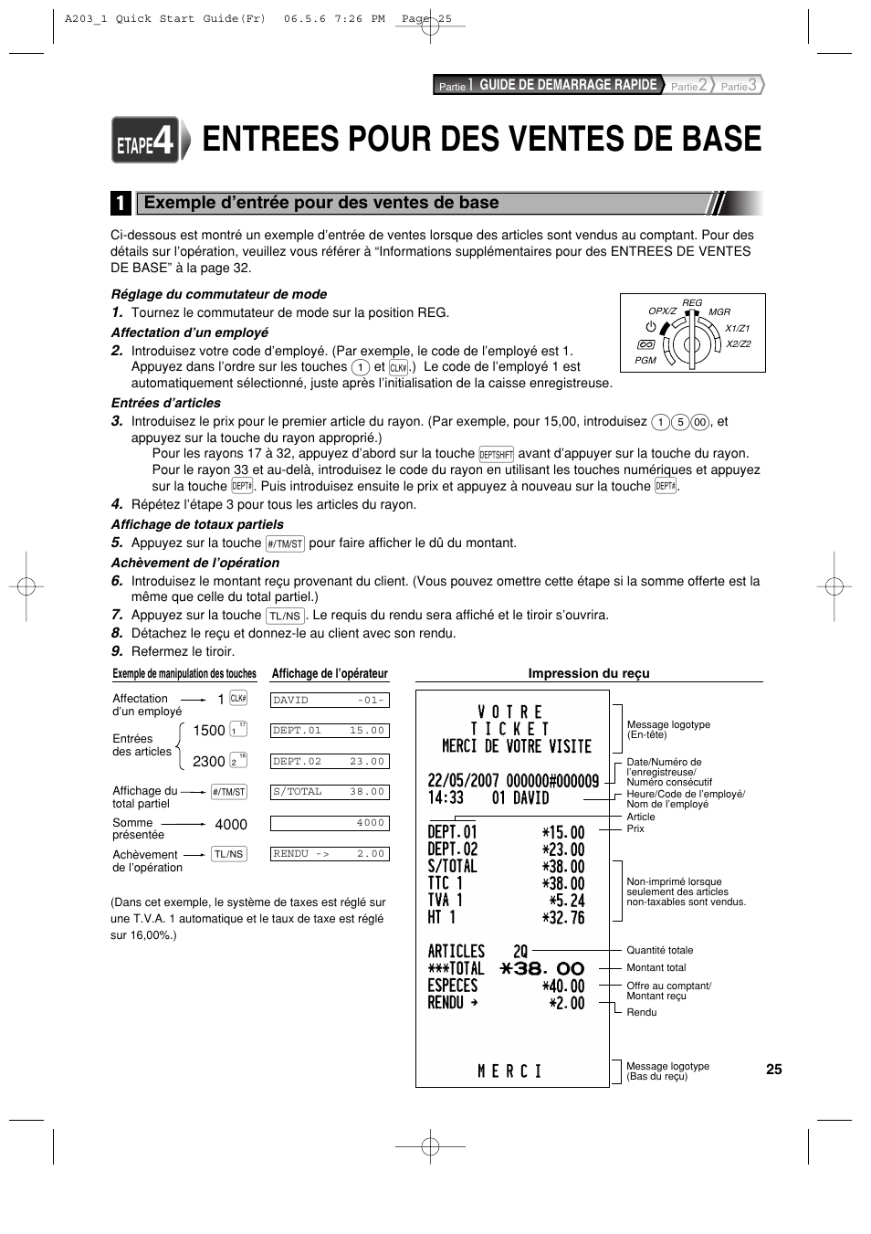 Entrees pour des ventes de base, Etape, Exemple d’entrée pour des ventes de base | Sharp XE-A203 User Manual | Page 207 / 454