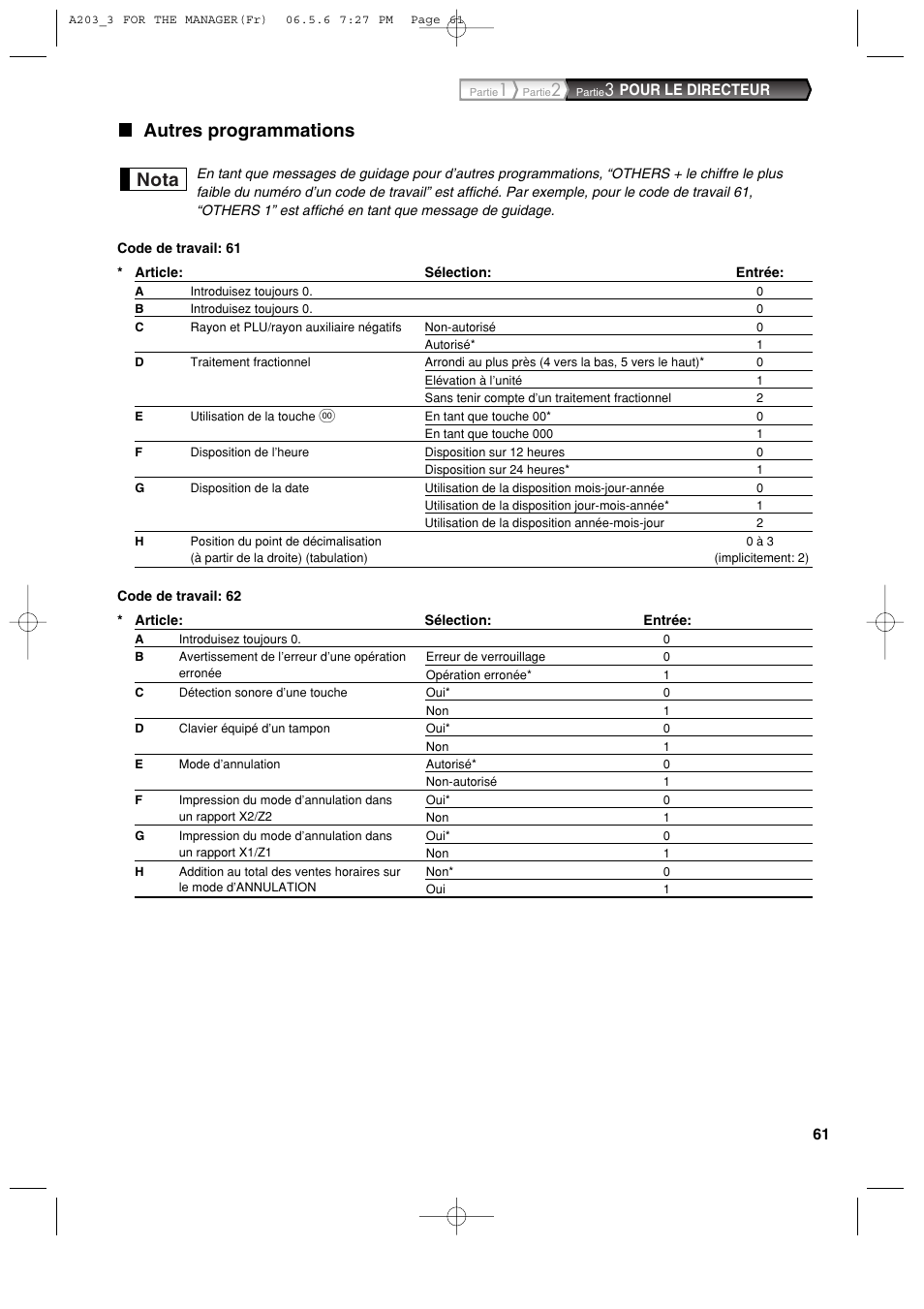 Autres programmations, Nota, Pour le directeur | Sharp XE-A203 User Manual | Page 243 / 454