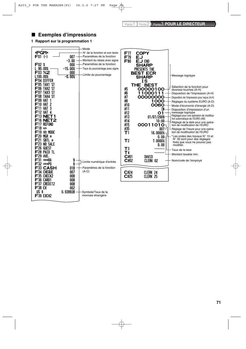 Exemples d’impressions, Pour le directeur | Sharp XE-A203 User Manual | Page 253 / 454