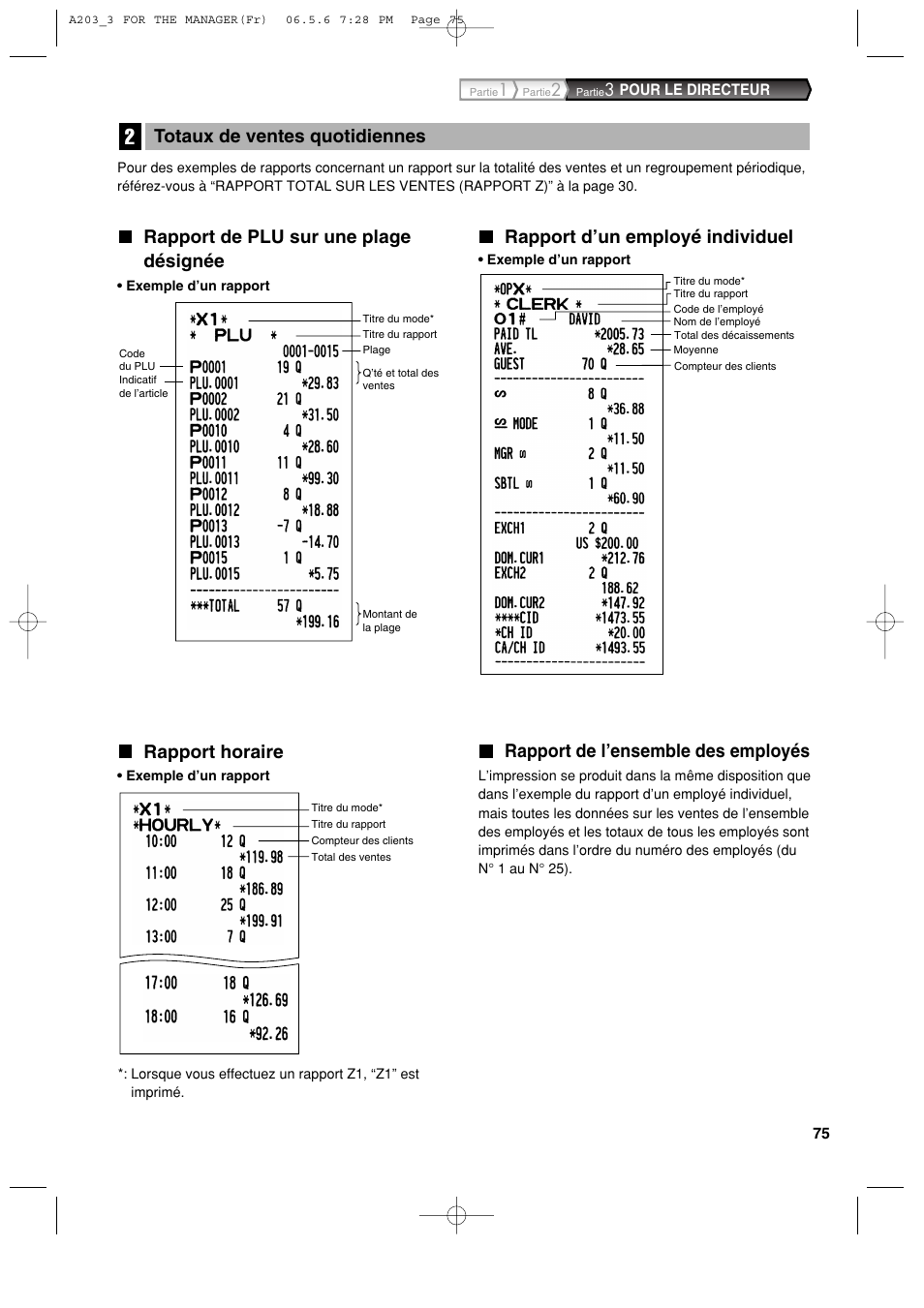 Rapport de plu sur une plage désignée, Rapport d’un employé individuel, Rapport de l’ensemble des employés | Totaux de ventes quotidiennes, Rapport horaire | Sharp XE-A203 User Manual | Page 257 / 454