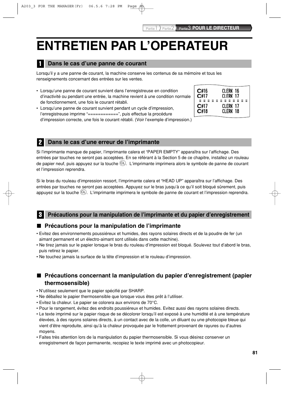 Entretien par l’operateur | Sharp XE-A203 User Manual | Page 263 / 454