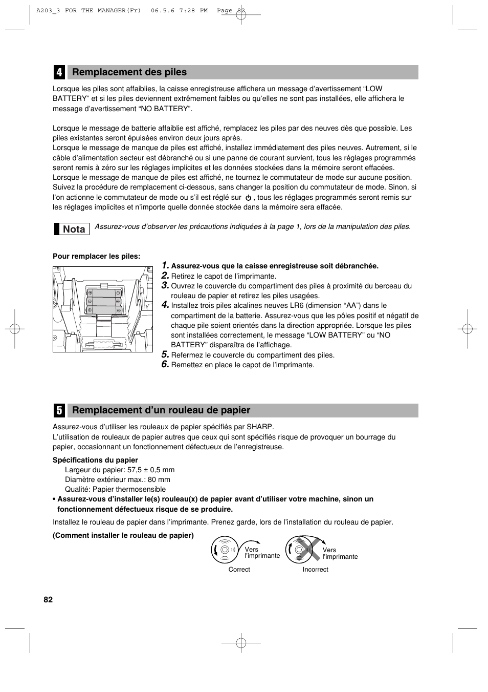 Remplacement d’un rouleau de papier, Nota remplacement des piles | Sharp XE-A203 User Manual | Page 264 / 454